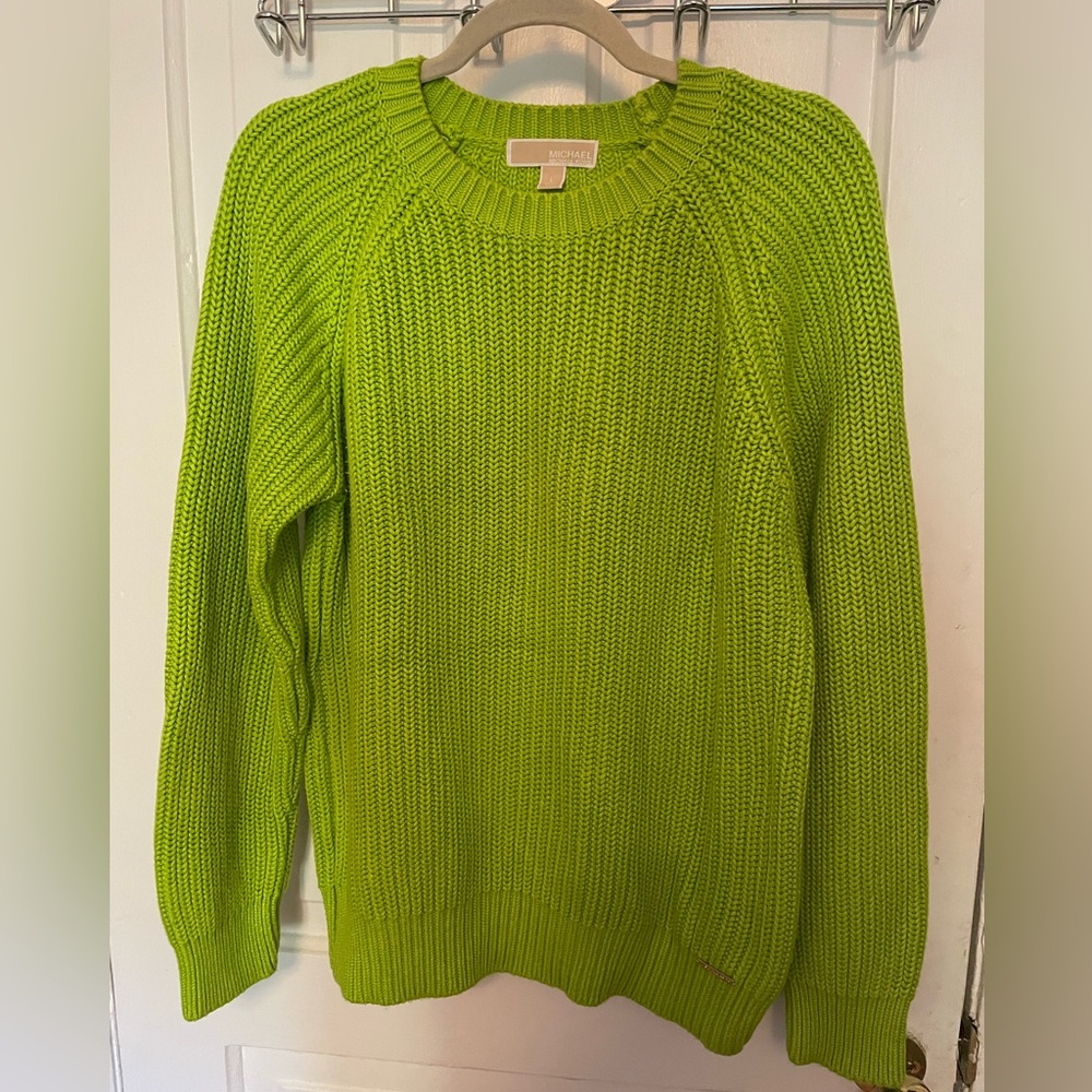 Chunky Cotton Knit Michael Kors Women’s Vibrant Lime Crewneck Sweater sz L
